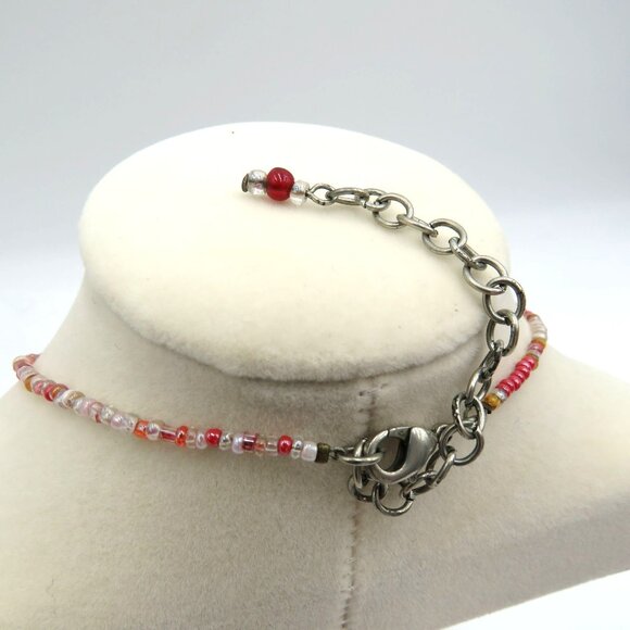 Pewter Flower Necklace 1.5" Pendant Adjustable 15" Multicolor Glass Beads - Picture 6 of 8